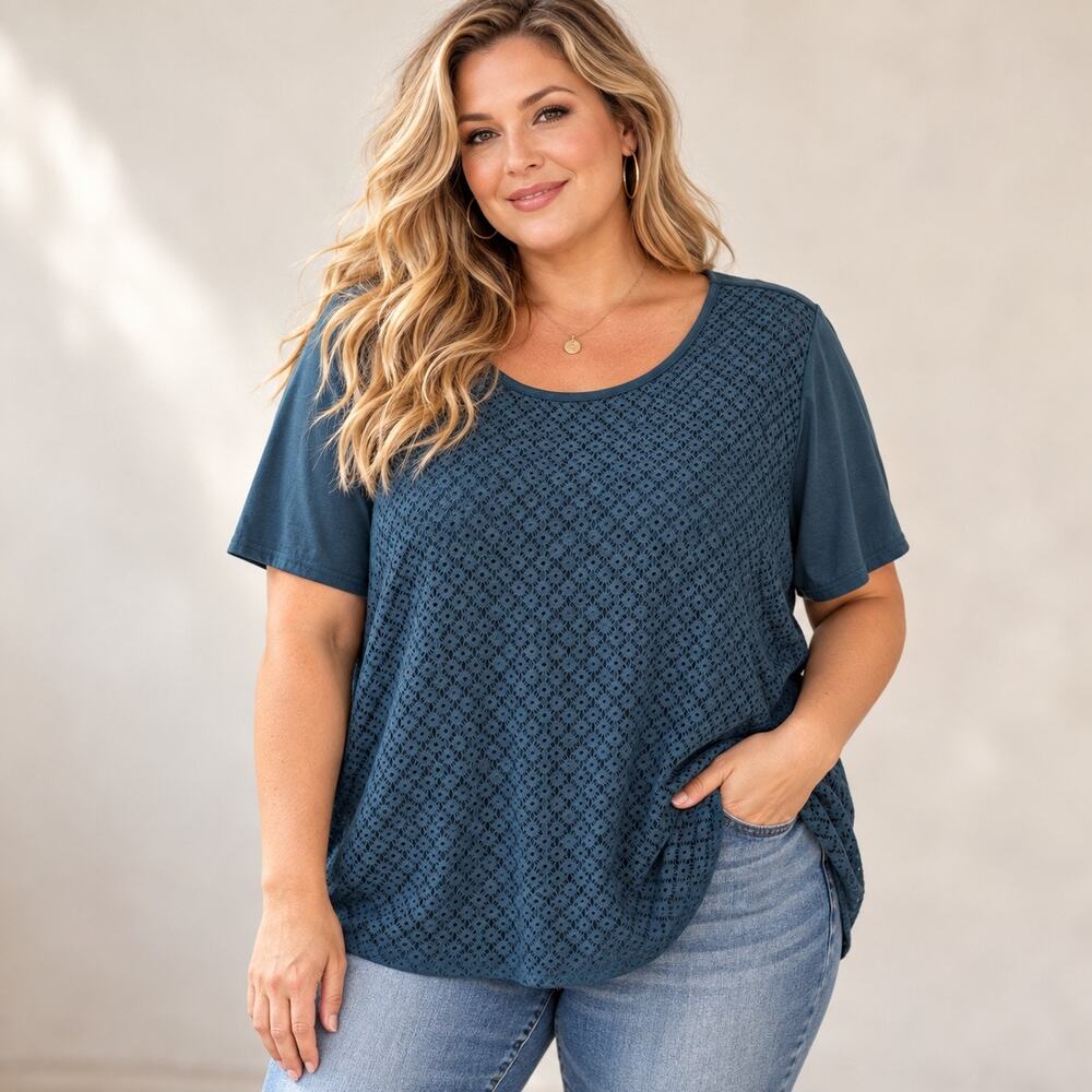North Crest Top Womens Plus Size 3x Blue Knit Short Sleeve Pullover